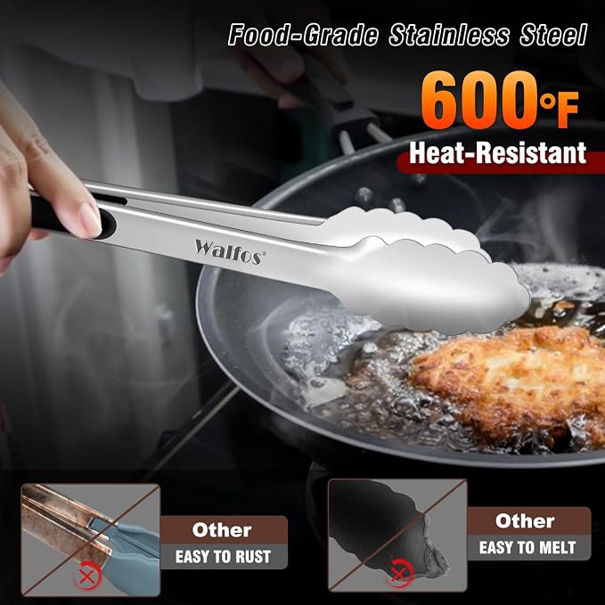 Food Grade Stainless Steel Kitchen Tongs for Cooking,BBQ - 7 ，9 and 12 Inch,Set of 3 Heavy Duty Locking Metal Food Tongs Non-Slip Grip