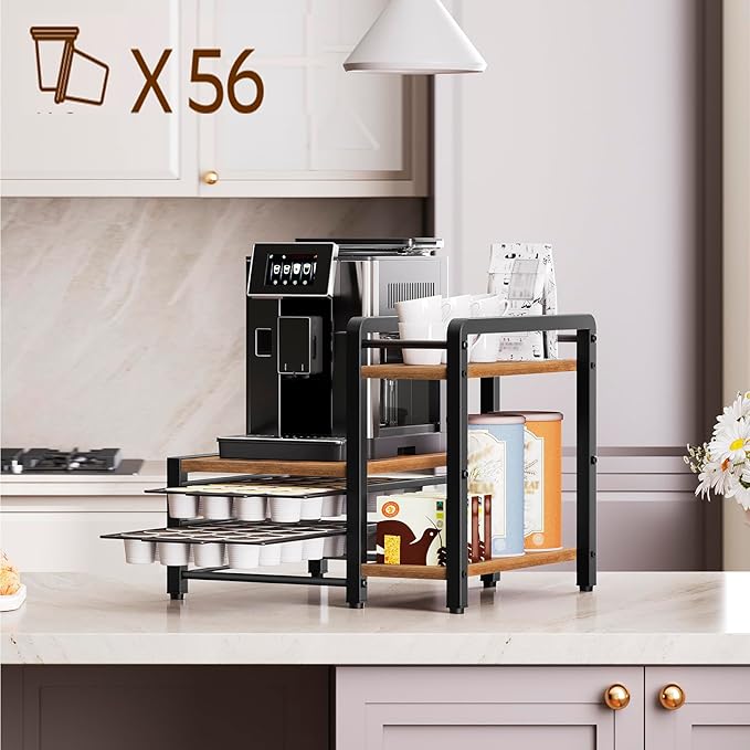 YATINEY Coffee Pod Drawer Holder, Holder for K Cup, Coffee Pod Organizer with 2-Tier Sliding Storage Drawer and Countertop, 56 Pods Capacity, Rustic Brown and Black KH01BR