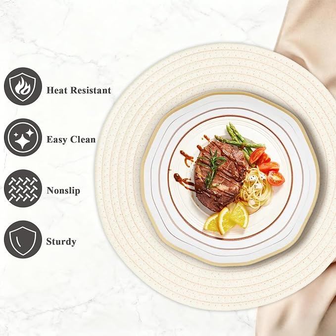 Round Placemats Set of 6, Cotton Rope Woven Table Mats, Hot Pads for Kitchen, Non Slip Heat Resistant Place Mats, 13 Inches Braided Placemat for Farmhouse Decor and Kitchen Table Decor (Cream)
