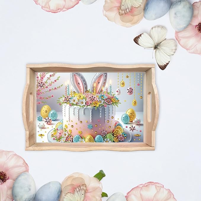 BAYUNOE DIY Diamond Serving Tray Rectangular Breakfast Tray with Handle Handmade Diamond Art Painting Wooden Tray Spring Creative Dinner Plate Coffee Room Living Home Organizer-Easter Cake