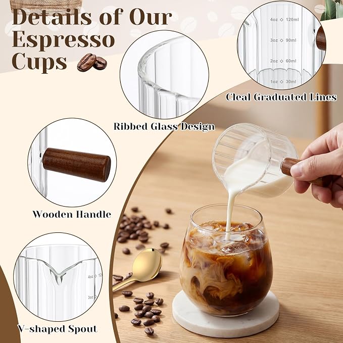 Espresso Cups Set of 4 with 4 Gold Spoons, 4 oz Espresso Shot Glasses with Wood Handle, V-shaped Spouts Cups, Milk Frothing Pitcher, Coffee Bar Accessories, Gift Set for Coffee Lovers(Clear)
