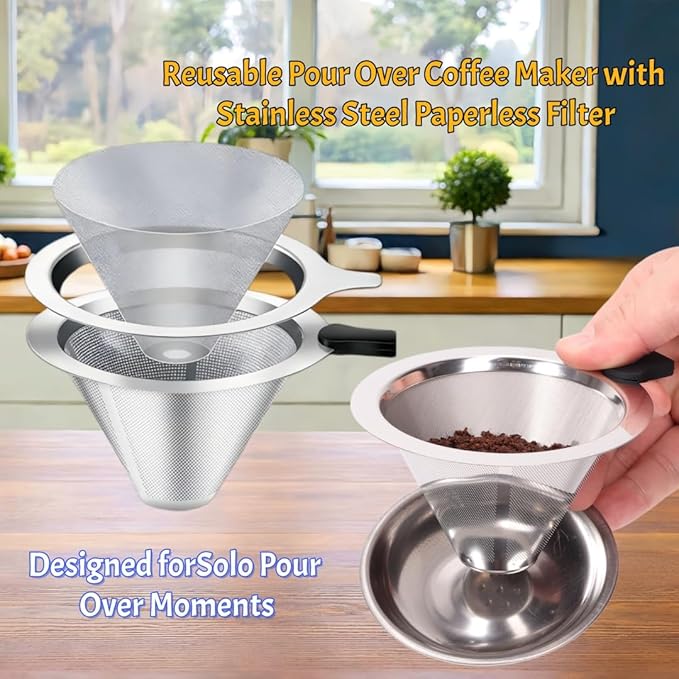 Single Serve Immersion Coffee Maker, Glass Pour Over Coffee Dripper with Reusable Stainless Steel Filter, Manual Coffee Brewer Cup for Home Office Travel-A