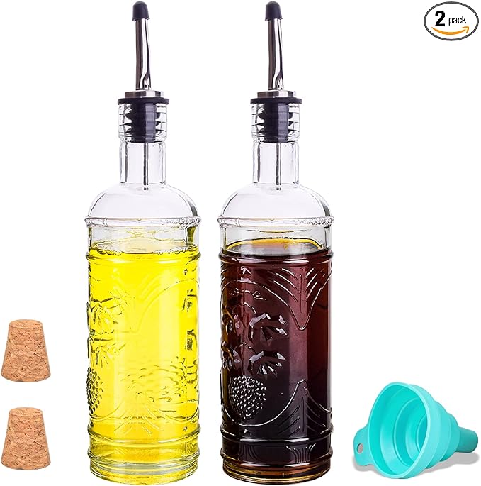 eleganttime 2 Pack Glass Oil and Vinegar Dispenser Set 16oz, Superior Leakproof Olive Oil Dispenser Bottle Strong with Cork for Kitchen Cooking, with Stainless Steel Spout and Silica Gel Funnel