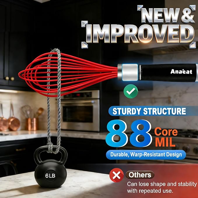 Anaeat Silicone Kitchen Whisk Set of 4, Perfect for Non-Stick Cookware, Milk and Egg Beater Blender for Whisking, Cooking, Baking, Beating - 11'' Flat Whisk and 9''+11''+12'' Balloon Whisks (Red)