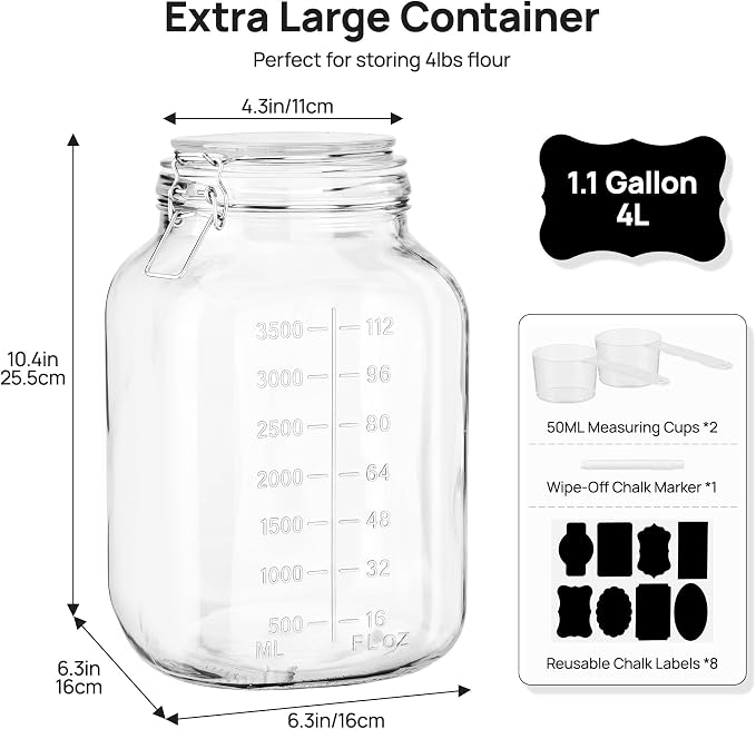Vtopmart 2 Pack 1.1 Gallon Glass Storage Jars with Airtight Clamp Lids, 140oz Square Canisters with Wide Mouth & Measurement Marks, Large Food Containers for Flour, Sugar, Rice, Pickling & Fermenting