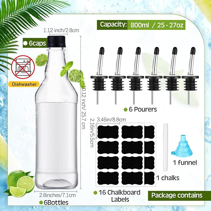Dandat 6 Packs 800ml Plastic Empty Syrup Bottles with Lids and Pourers Speed Pour Long Neck Bottles Bulk Pour Containers for Oil Juice Syrup Coquito Drink for Kitchen Bar Holiday Drink Party
