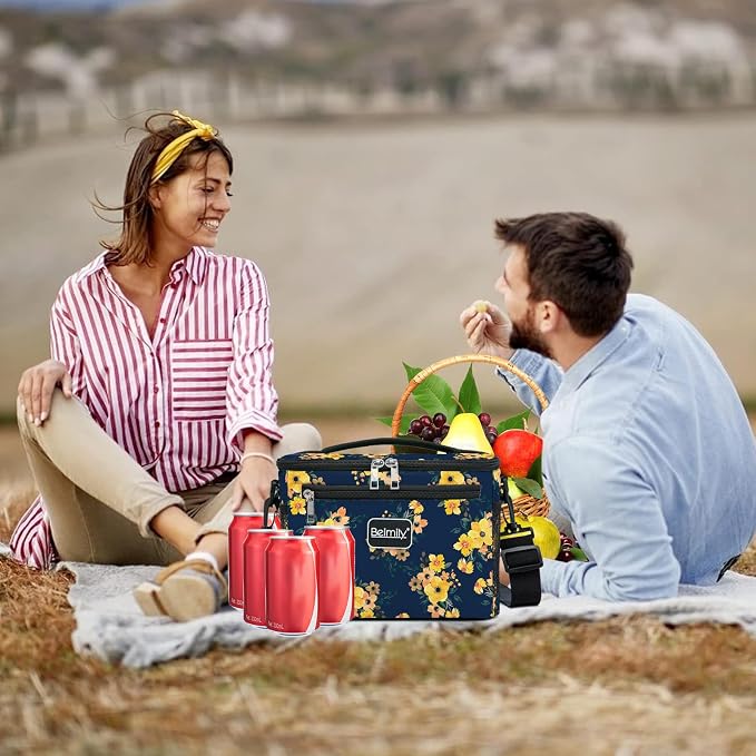 BEIMILY Lunch Box for Men/Women, Small Insulated Lunch Bag, Leak-Proof Soft Cooler Tote Bag, Reusable LunchBox for Work, Travel,Picnic with Adjustable Shoulder Strap for Adults(floral yellow)