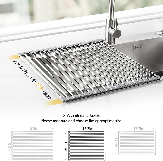 Tomorotec 17.7" x 15.5" Roll Up Dish Drying Rack Over Sink Drying Rack Sink Cover Kitchen Sink Accessories Gadget Multipurpose Organizer Foldable Stainless Steel Drainer (Grey)