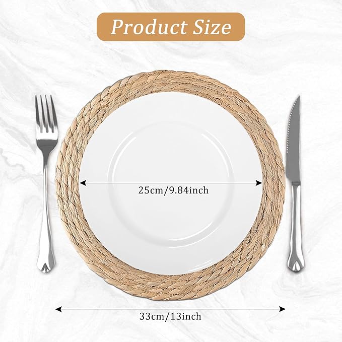 comfoyar Round Water Hyacinth Woven Placemats Set of 12, 13Inch Boho Natural Hand Braided Place Mats, Heat Resistant Rustic Wicker Rattan Table Mats for Dining Table Farmhouse Decoration