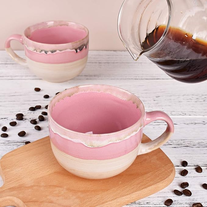 Bosmarlin Large Ceramic Coffee Mug Set of 2, Stoneware Jumbo Latte Mugs Tea for Office and Home, 16 Oz, Dishwasher and Microwave Safe(Pink, 2)