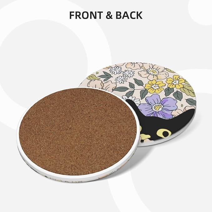 Fun Black Cute Boho Cat 6 Pcs Ceramic Coaster Set with Holder/Cork Chic Funny Animal Unique Girly Flowers Absorbent Round Cup Drink Coasters Set for Modern Coffee Table Bar Wine Beer Protect