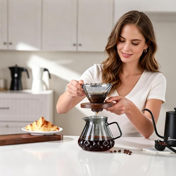 Bincoo Pour Over Coffee Maker&Dripper, Style Cone Filter + 600ml Glass Coffee Server, Manual Coffee Brewer Set, Reusable Coffee Filter Holder, Great Gift for Coffee Enthusiasts（Grey