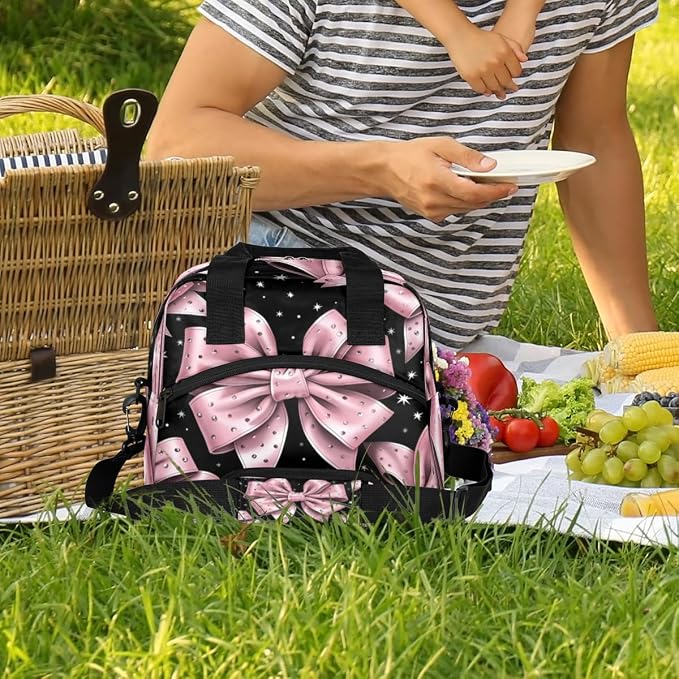 Pink Bow Pattern Insulated Lunch Bag for Women Men Reusable Lunch Box Cooler Bag Large Leakproof Lunch Tote with Adjustable Shoulder Strap for Adult Work Picnic Camping Beach Office