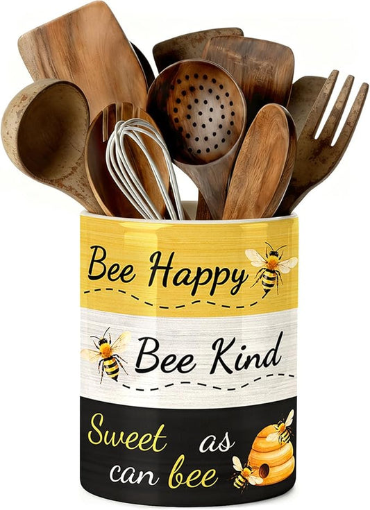 Bee Utensil Holder, Honey Bees Ceramic Kitchen Utensil Holder, Utensil Crock for Home Kitchen Countertop Storage Organizer Container, Large Holder for Spatulas, Spoons, Kitchen Counter Decor, 6"