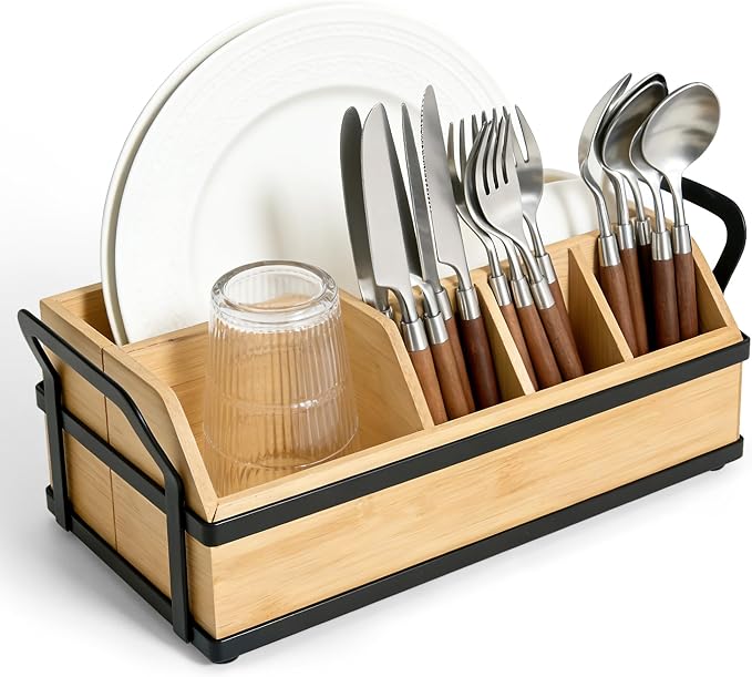 Large Kitchen Utensil Holder Caddy, 6 Compartments Wooden Utensils Organizer for Cooking Utensils, Silverware, Paper Plate, Spoon, Fork, Cutlery Storage on Kitchen Countertop for Party Hosting