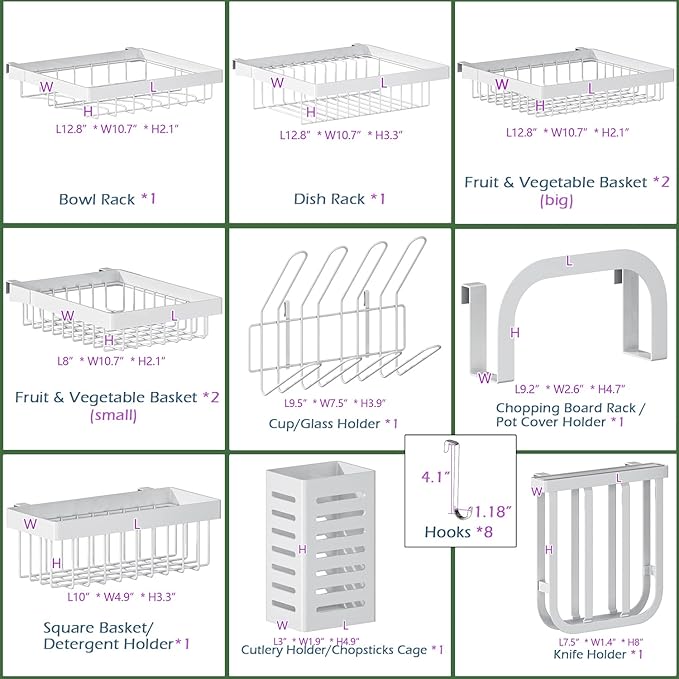 PUSDON Over Sink Dish Drying Rack Stainless Steel, Adjustable Large Dish Drainer for Storage Kitchen Organization White 3 Tier - Standard(34"-46")
