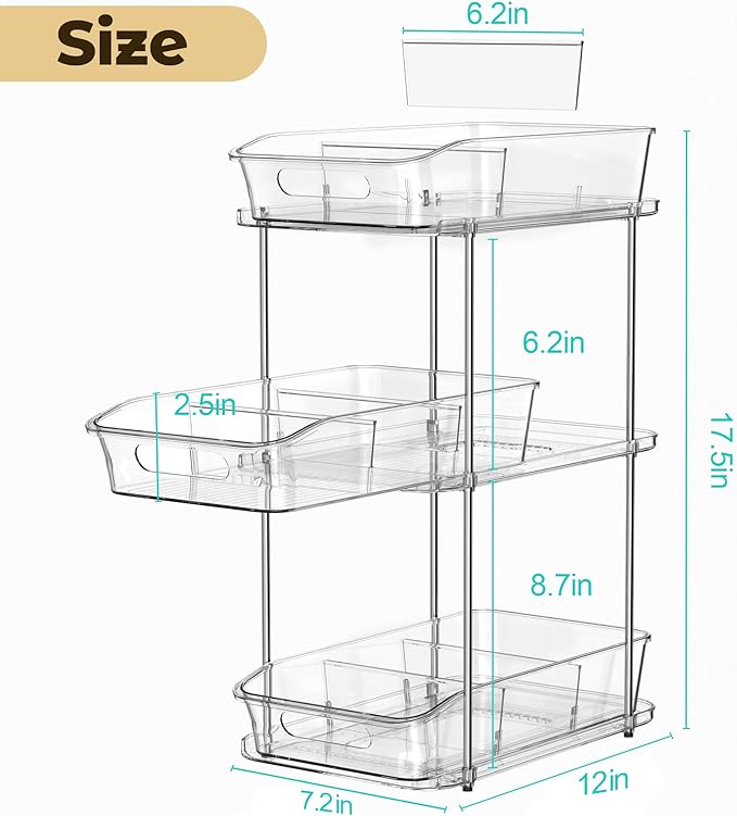 incostar 3 Tier Under Sink Organizer and Storage - Multi-Purpose Stackable Pantry Organizer with Pull-Out Clear Bins and Movable Dividers for Kitchen and Bathroom Cabinet