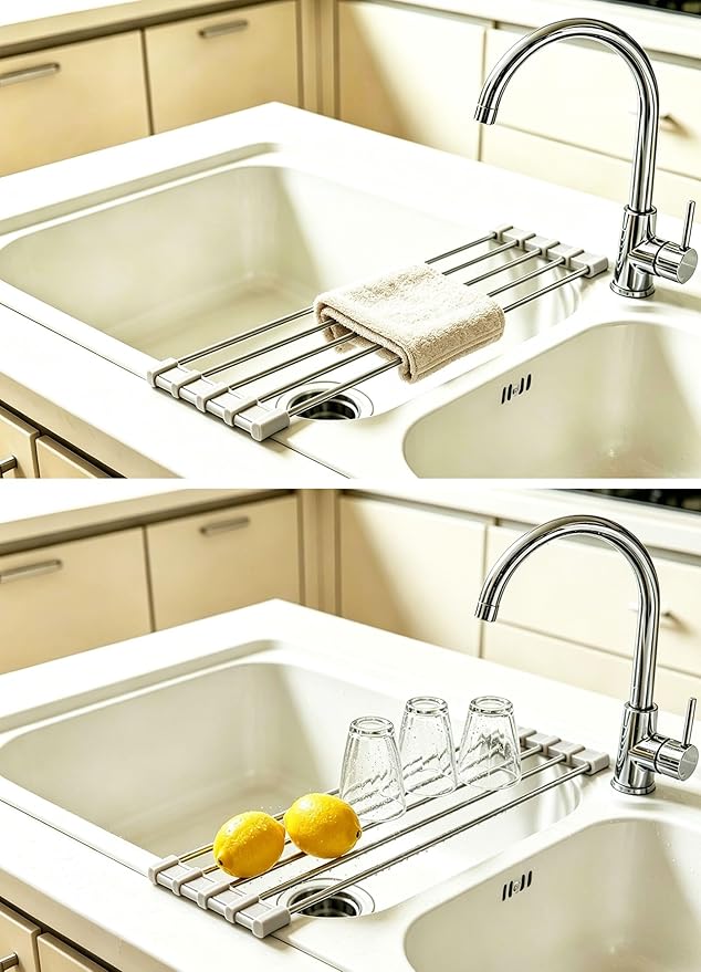 Ahyuan Roll up Dish Drying Rack Over The Sink Kitchen Roll up Sink Drying Rack Portable Dish Drainer Foldable Dish Drying Rack (Warm Gray, 17.8''X3.7'')