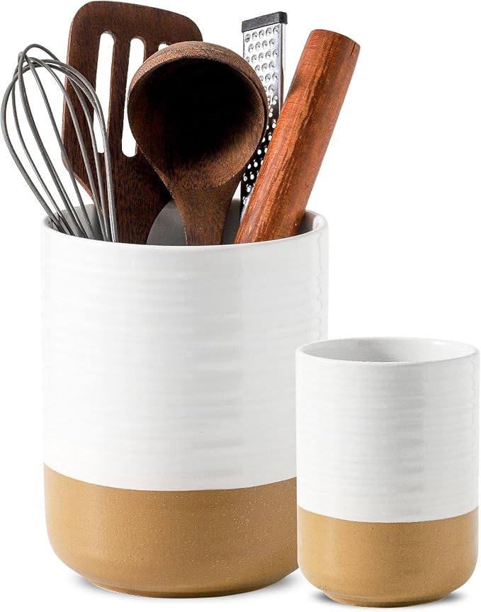 HASENSE Ceramic Utensil Holder for Counter, 7.4"+5.5" Large Kitchen Utensil Organizer for Kitchen Utensil, White Cooking Utensil Crock to Hold Spatulas, Farmhouse Decor, Set of 2