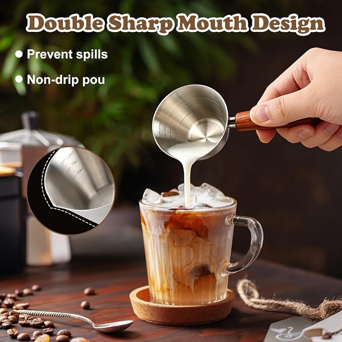 2Pcs Espresso Measuring Cup, 3.4 oz/100 ml Stainless Steel Espresso Cups, Double Spout Pour Spout Coffee Mug with Handle Scale for Coffee, Latte Art and Kitchen