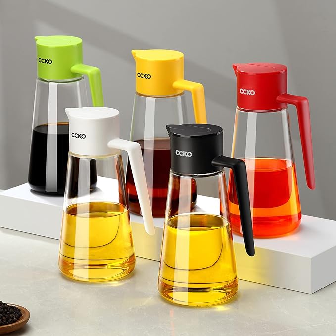CCKO Olive Oil Dispenser Bottle 19oz Glass Oil Bottle for Kitchen Cooking,Auto Flip Drip Free Cooking Oil Dispenser,Suitable for Soy Sauce,Syrup,Vinegar,Salad Dressing Container (Yellow)