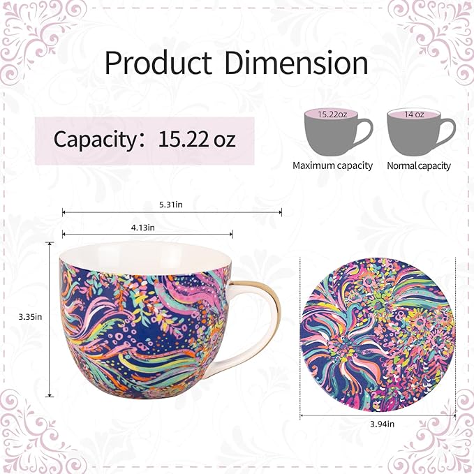 KAMMAK Coffee Mugs Ceramic Tea Cups Set of 2, 15 oz Porcelain Espresso Cups with Coaster Large Novelty Mugs with Handle for Cappuccino, Latte, Americano, Breakfast Cereal, Hot Cocoa (Purple + Ocean)