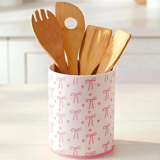 LemonRoad Pink Bow Ceramic Utensil Holder Coquette Kitchen Decor Cooking Utensil Crock Countertop Storage Organizer Spoon Container Holder Jar for Kitchen Party Gifts for Women 6.3 Inch