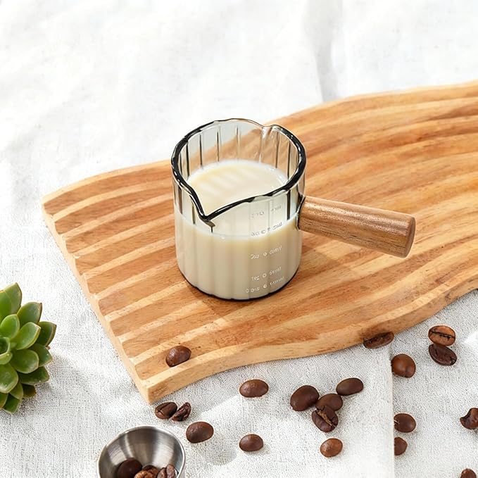 Glass Espresso Shot Measuring Cup Set, Gray, Double Spout Design with Wood Handle, 4 oz Capacity, 2 Pack, Coffee Bar Accessories (Gray)