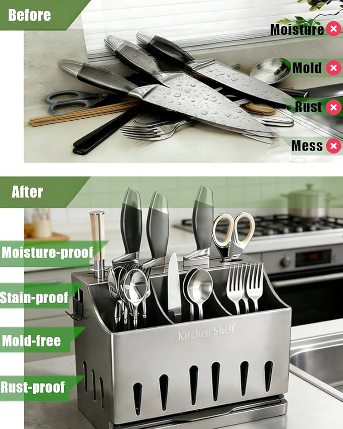 Stainless Steel Universal Knife Holder & Utensil Organizer - Countertop Knife Storage Stand, Detachable Knife Block for Kitchen Counter Knife Storage Rack Organization, Classic Gray Coating