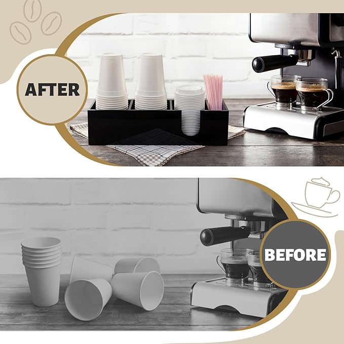 Novabright 4 Compartments Coffee Cup Holder for Countertop Cup Lid and Straw Dispenser Coffee Station Organizer Bar Accessories for Breakroom Restaurant, 15.3 x 4.7 x 4(Black,Pine Wood)