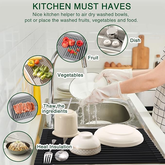 HANZENMA Roll Up Dish Drying Rack Over The Sink Kitchen Roll Up Sink Drying Rack Multipurpose Foldable Sink Drying Mat, Heat-Resistant, Anti-Slip & Anti-Rust Dish Rack for Kitchen, 17" x 13", Black