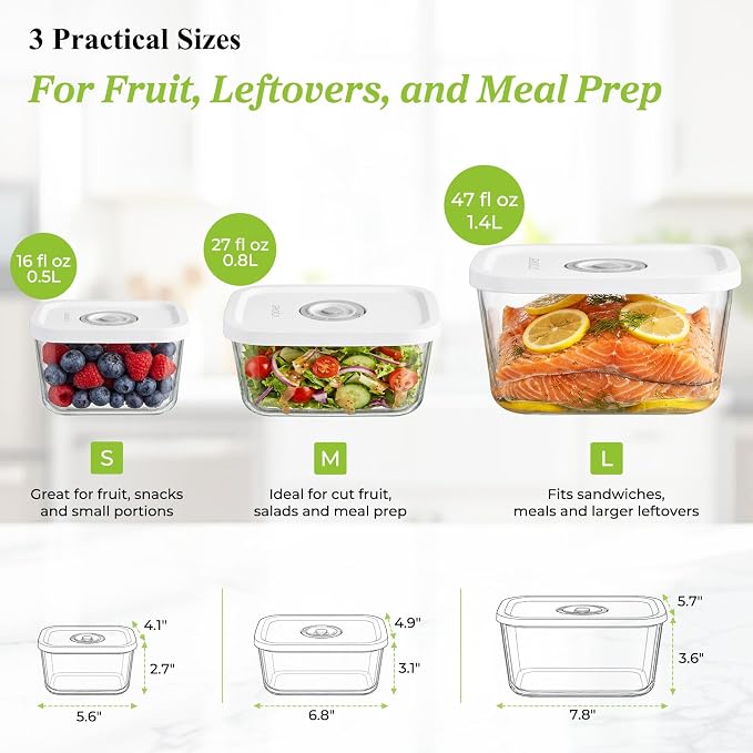 URPOWER Glass Vacuum Seal Containers for Food Storage, 3PCS Set(S,M,L) with Lids, Airtight Food Storage Containers, Stackable Vacuum Containers for Leftovers, Meal Prep, Fridge, Freezer & Pantry