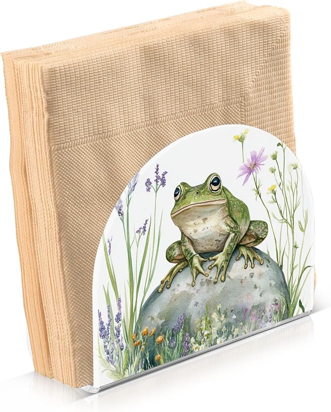 Fustylead Rustic Frog with Lavender and Pink Floral Napkin Holder for Table Acrylic Cocktail Napkin Holders Small Decorative Napkin Dispenser for Home Party Holiday Dining Kitchen Accessories, 2 PC
