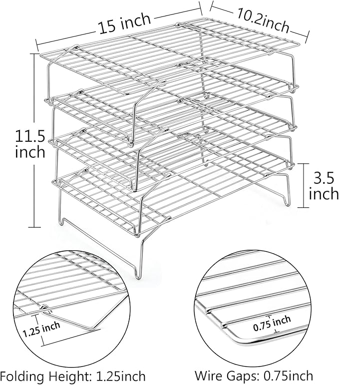 TeamFar Cooling Rack, 4-Tier Stainless Steel Wire Rack for Baking Roasting, Healthy & Heavy Duty, Dishwasher Safe, Stackable & Collapsible, Firmly Weld & Smooth Surface, 15”x10”