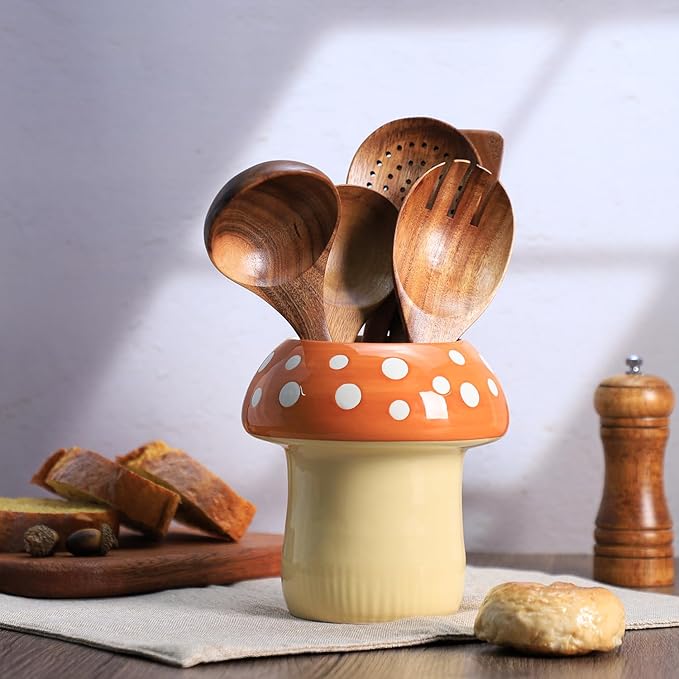 Mushroom Shaped Ceramic Kitchen Utensil Holder, Large Cooking Utensil Crocks for Kitchen Countertop, Ceramic Utensil Organizer for Spatula, Kitchen, Home Decoration-Brown