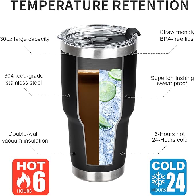 30 oz Tumbler with Lids and Straws Double Wall Vacuum Insulated Tumbler,Stainless Steel Leak-proof Tumbler Cup Powder Coated Travel Coffee Mug for Cold and Hot Drinks,Black Pink,2 pack