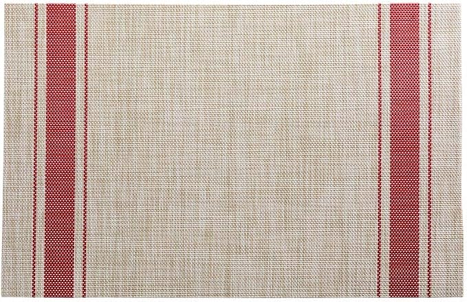 Restaurantware French Countryside 16 x 12 Inch Dining Table Placemats Set Of 6 Heat-Tolerant Kitchen Table Mats - Red Stripe No Stain Khaki Vinyl Woven Rectangle Placemats Easy To Clean