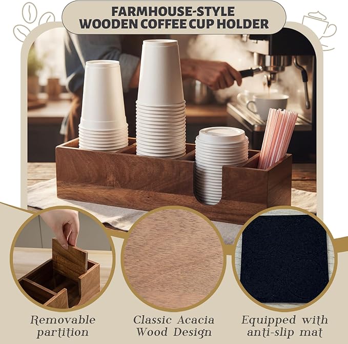 Novabright 4 Compartments Coffee Cup Holder for Countertop Cup Lid and Straw Dispenser Coffee Station Organizer Bar Accessories for Breakroom Restaurant, 15.3 x 4.7 x 4(Wood Color,Acacia Wood)