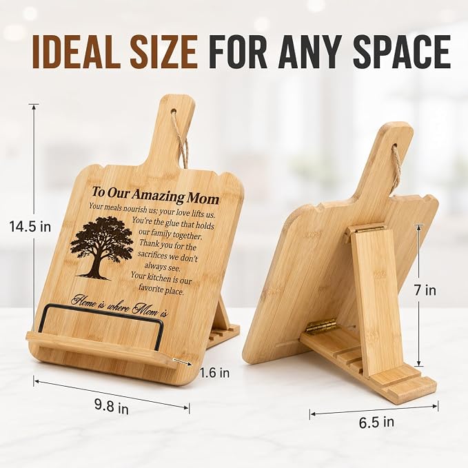 Bamboo Cookbook Stand for Kitchen Counter, Wooden Recipe Book Holder with 4 Adjustable Angles, Space-Saving Wall Mount Tablet Stand, Personalized Mothers Day Gifts for Mom