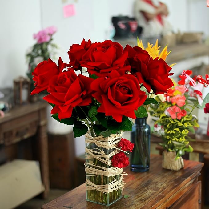 Eyamuno 7pcs Artificial Rose Fake Flowers Long Stem Fake Silk Real Touch Roses for DIY Wedding Party Table Centerpiece Home Decor, 45CM, Red-45cm