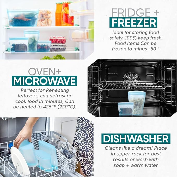 Reusable food container silicone bag, Upgrade second generation 6 Pcs Zip Containers Storage, 100% Silicone Reusable Food Bag, Stand Up Preservation Bag, Rounded interior for easy cleaning.