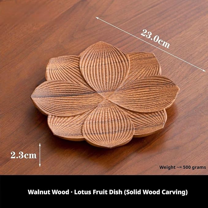 Walnut Wood Fruit Tray, Handmade Chinese Style Snack Serving Plate, Solid Wood Tea Dessert Tray for Dim Sum, Vintage Walnut Platter, Gift (Lotus)