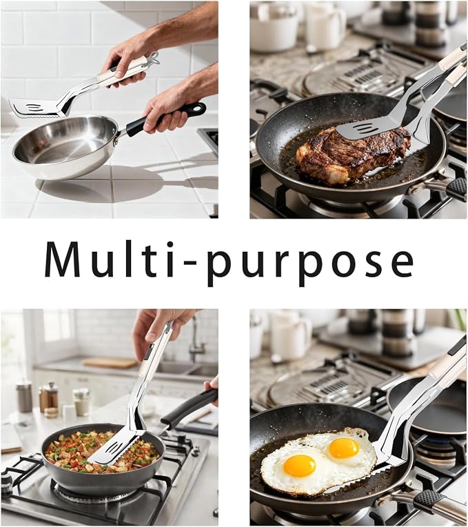 11.5-inch Stainless Steel Tongs for Cooking – Versatile Metal Spatula Tongs for Flipping, Picking Up, Cutting, and Stir-Frying Meats and Other Foods. Kitchen Tongs Durable and Multifunctional(White)