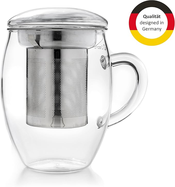 Creano 2pcs All-In-One Tea Glass with Stainless Steel Infuser and Lid - 14oz (400ml)
