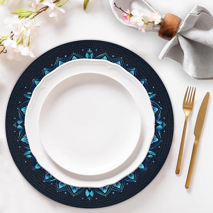 Round Placemats Set of 6, Ethnic Mandala Flower Teal Woven Placemats Mats Non-Slip Heat Resistant Washable Table Mats Round Braided Place for Farmhouse Kitchen Dining Party Decor 15in