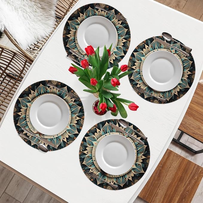 Round Placemats Set of 4, Ethnic Flowers Eye of Evil Woven Placemats Mats Non-Slip Heat Resistant Washable Table Mats Round Braided Place for Farmhouse Kitchen Dining Party Decor 15in