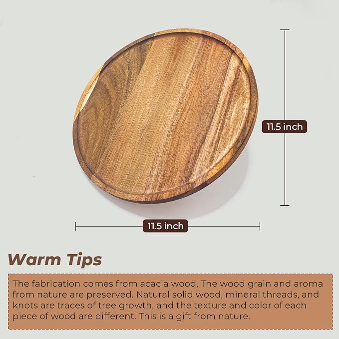 11.5 Inches Round Acacia Wood Tray, Decorative Serving Tray for Home Decor, Coffee Table, Kitchen, Dining Room, Candle Tray, Appetizer Board