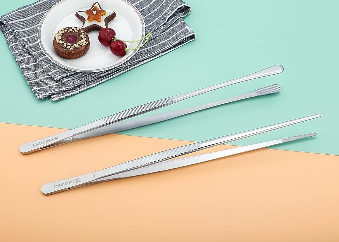 MSY BIGSUNNY Stainless Steel Food Tweezers Multi-function Cooking Tongs Kitchen Serving Tong (12" Round & 12" Pointed Tweezers)