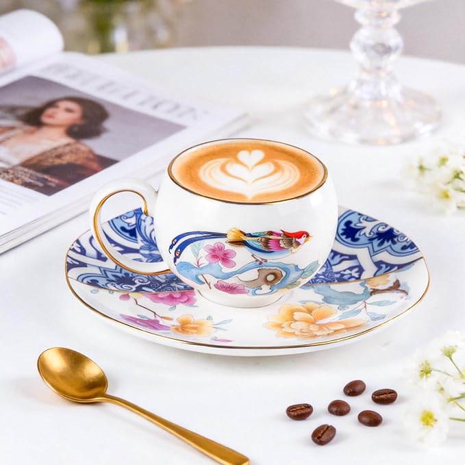 KAMMAK Tea Cups and Saucers Set of 2, Fine Bone China Coffee Cups, Stackable Espresso Mugs, Ceramic Demitasse for Coffee, Cappuccino, Latte, Americano, Tea, Blueprint of Prosperity (Medium)