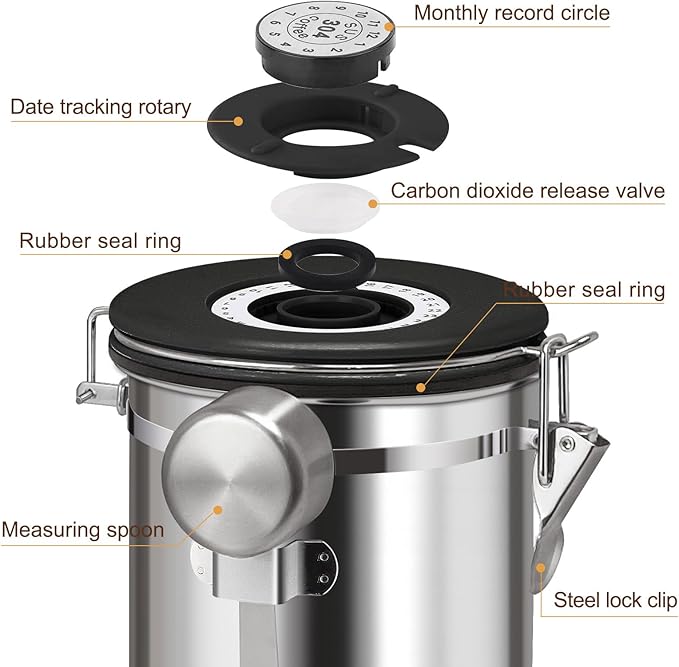 1.2L Airtight Vacuum Coffee Canister, Stainless Steel Storage Container for Coffee Beans and Grounds with Scoop.Suitable for coffee powder, coffee beans, rice, tea leaves, sugar, flour, and grains
